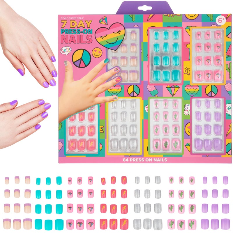 7 Day Manicure Collection  84PC Press On Nail Set DayOfTheWeek Adhesive False Nails for Girls PEACE  LOVE Collection  Colorful Novelty Designs Stick On Nails For Kids